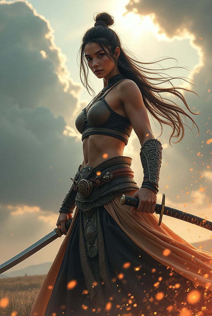 Ultra HD,1 Full body shot of a female warrior holding a Japanese samurai sword,wearing clothes, Sparks flew around me