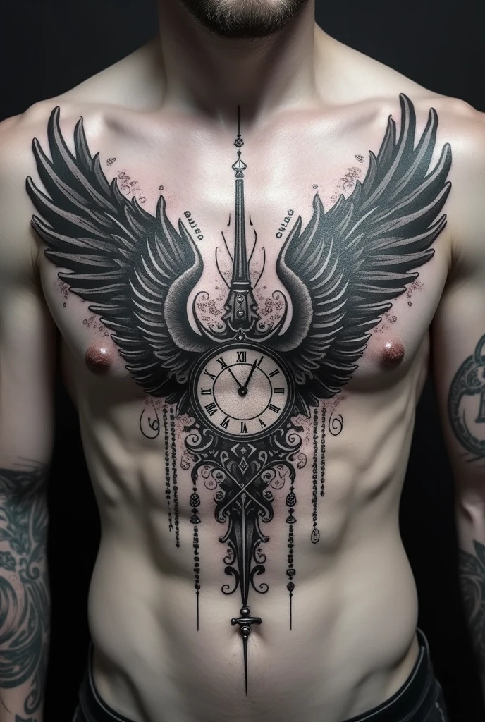 4-Wing tatoo with clock and rune words for man