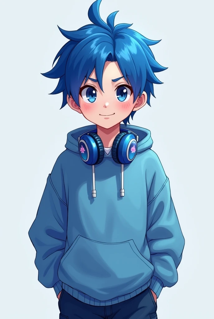 a boy with a blue lock of hair and a blue headset around his neck wearing a blue sweatshirt