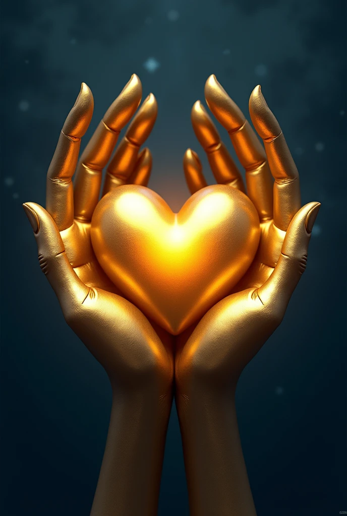 two unrealistic golden hands holding a golden heart with a navy blue background, the hands are not realistic, and they are preferably golden drawing hands 







