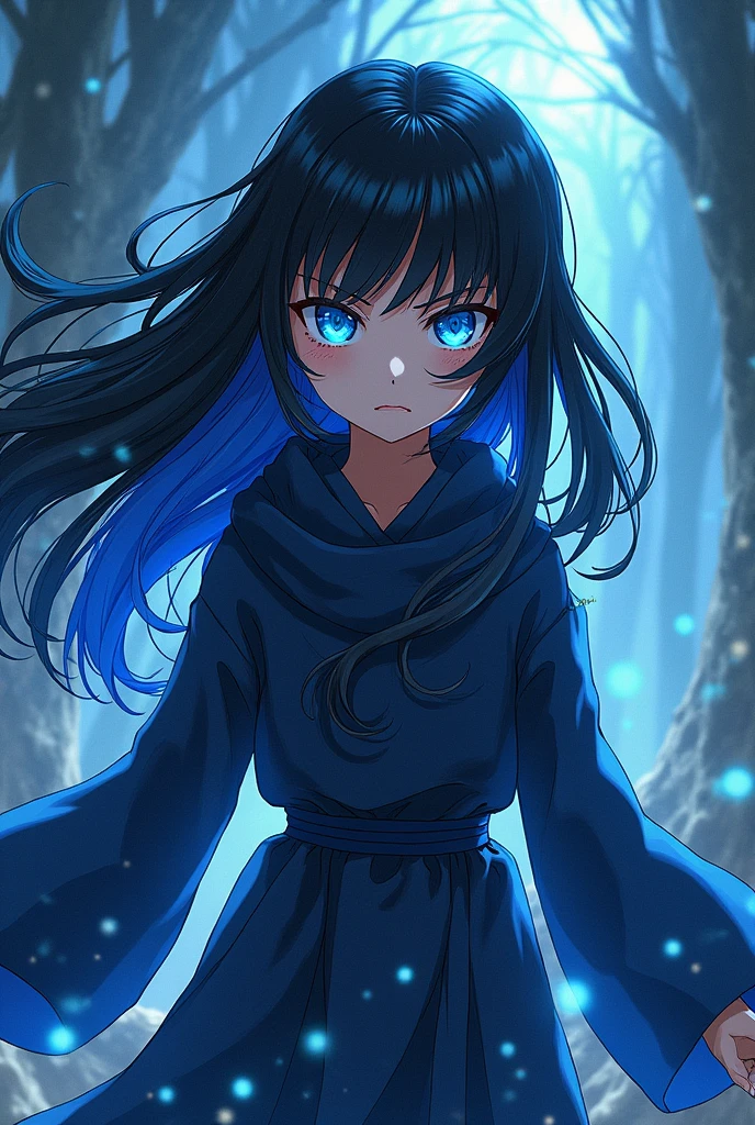 Girl with bright blue eyes, Bblack hair, skin fair, アニメ, estilo Jujutsu Kaisen, grappling