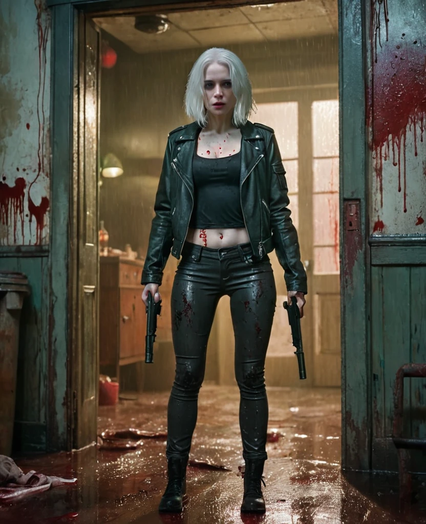 A stunning, anatomically correct, 4K-resolution masterpiece featuring a woman with pale skin and white hair standing against a blood-splattered door in a dimly lit, grungy room. She is wearing a black leather jacket, a revealing top, and dark pants, showcasing impeccable details. The woman is holding two guns, one in each hand, with her arms outstretched, exuding confidence and intensity. The lighting is dramatic, casting a greenish hue over the scene, with rain pouring down inside the room, adding to the eerie atmosphere. The background includes a large barrel and various intricate objects, contributing to the chaotic and intense setting, crafted with super detailing and award-winning quality.
