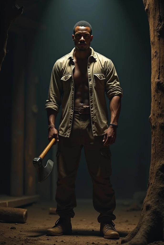 Picture of a very slim black young man holding an axe