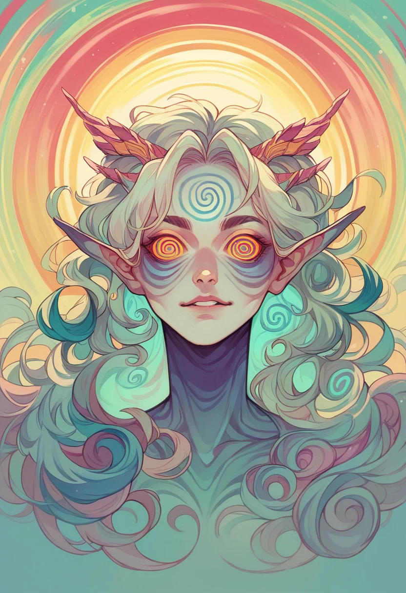 A realistic drawing of a psychedelic dragon with a spiral of magnificent and captivating colors
