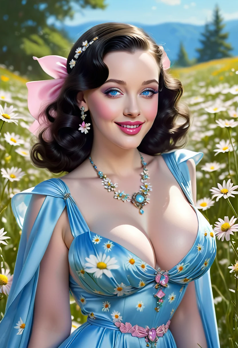 nose piercing, standing, jewelry, BABY-BLUE cloak, baby-pink jumpsuit (ly detailed, beautiful detailed face, masterpiece, best quality), cleavage, piercing blue eyes. TWIN-TAILS. BEAUTIFUL COMBO OF Hedy Lamar AND Kat Dennings. dd-cup sized breasts. short and dainty. happy, smiling cheerful face. Skipping in a magical meadow of daisies. Magical realism. 1950s Panovision 70. 4K Ultra HD, Extreme Detail And Intricate Realism. Stunning 2D Vector Detailed clear. lifelike.