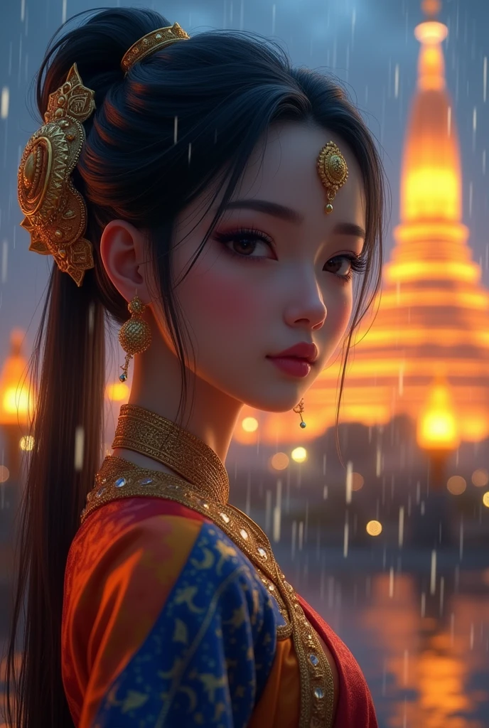 (8k, RAW photo, best quality, masterpiece:1.2), (realistic, photo-realistic:1.37),st. louis (luxurious wheels) (azur lane),1girl,(myanmar girl), (aegyo sal:1),hair ornament, portrait, (Myanmar traditional cloths:1.1), necklace, blue nails,cute,cityscape, night, rain, wet, professional lighting, photon mapping, radiosity, physically-based rendering, backgrounds SHWEDIGON Pagoda