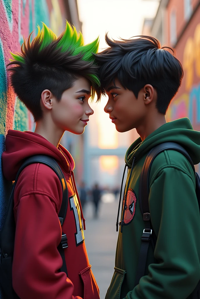 white teenager, Brown hair with green highlights with overside style with miles morales, that they are best friends, They are graffitiing