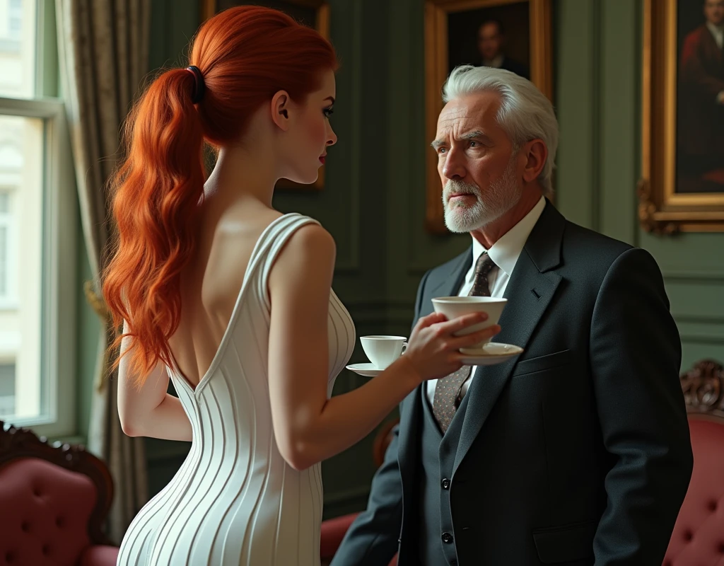 An attractive redhead woman dressed in an white compression wear of futuristic design, long sleeves, serving tea to an old man dressed in a black executive suit seated on a sofa. The woman has an attractive and voluptuous body. The compression wear has elegant beige vertical stripes, emphasizing the curves of the woman's body, the relief of the nipples can be noticed under clothing. The man looks at her with a serious and circumspect expression. In the living room of an old Victorian house, side lighting.