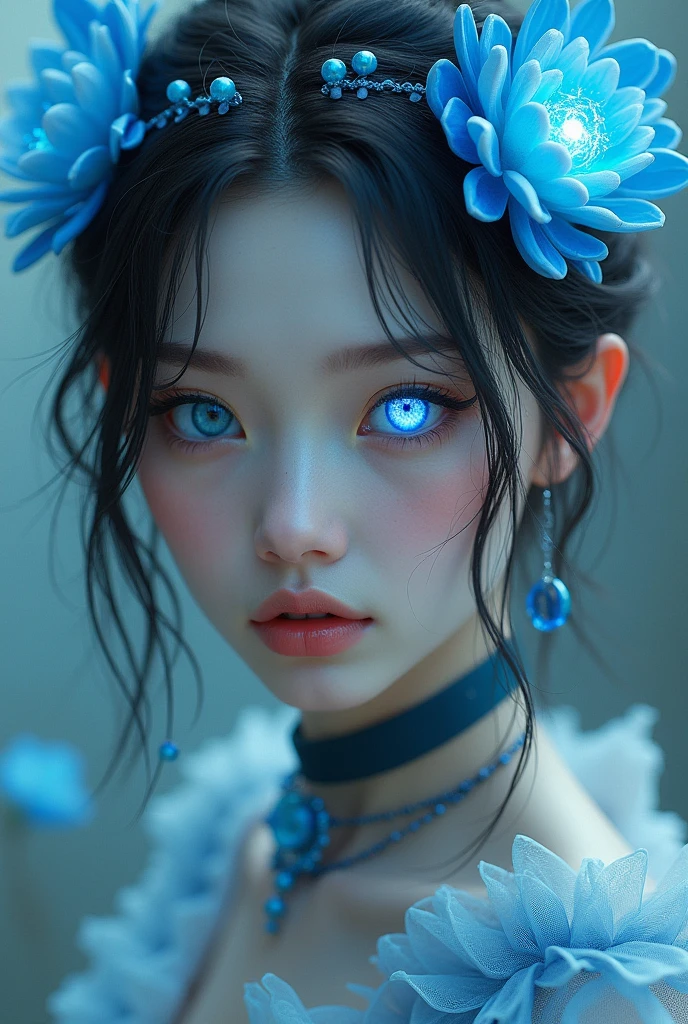 up to , She has one blue eye and the other is white, blue head accessories