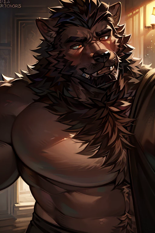 a muscular, burly werewolf with black facial hair and chest/stomach hair, facing the viewer with a mature, canine expression, (best quality, 4k, 8k, highres, masterpiece:1.2), ultra-detailed, (realistic, photorealistic, photo-realistic:1.37), detailed facial features, detailed eyes, detailed nose and lips, detailed muscles, dark moody lighting, cinematic composition, dramatic lighting,dramatic shadows, dark fantasy, dark gothic