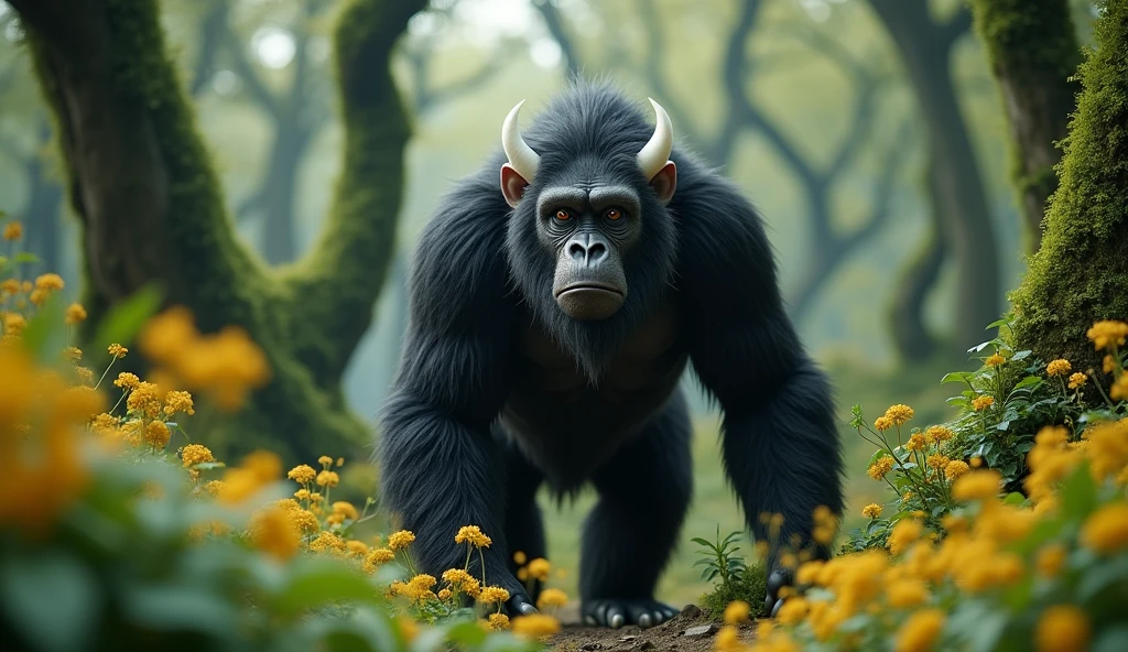 Front view，There is a wild beast in the osmanthus forest，Looks like an ape but has white ears，Walking upright（best quality，4K，8k，High level，masterpiece：1.2），Ultra Detailed，（lifelike，Photo real，Photo real：1.37）