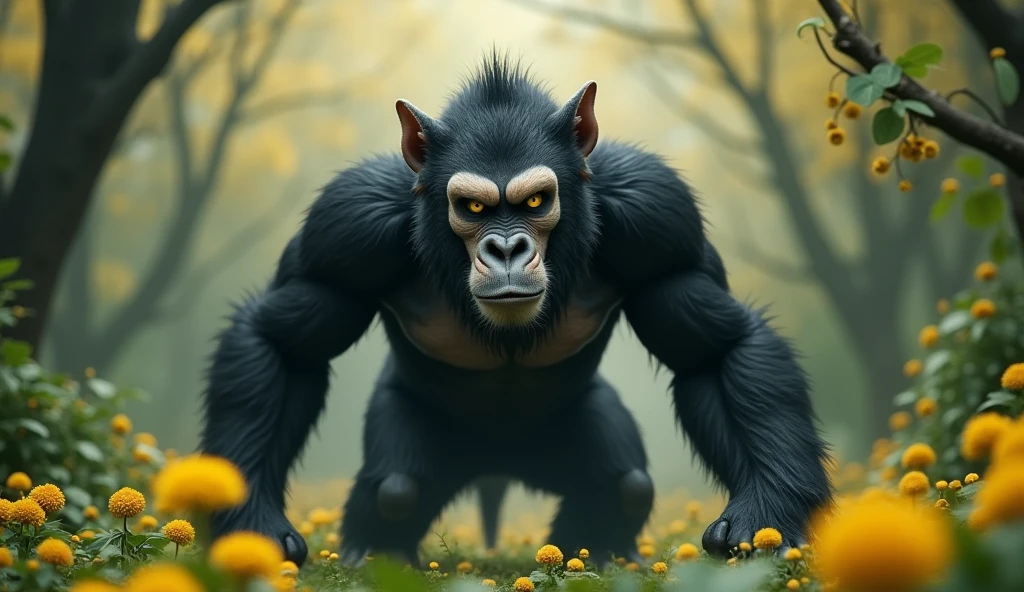 Front view,There is a wild beast in the osmanthus forest,Looks like an ape but has white ears,Walking upright(best quality,4K,8k,High level,masterpiece:1.2),Ultra Detailed,(lifelike,Photo real,Photo real:1.37)