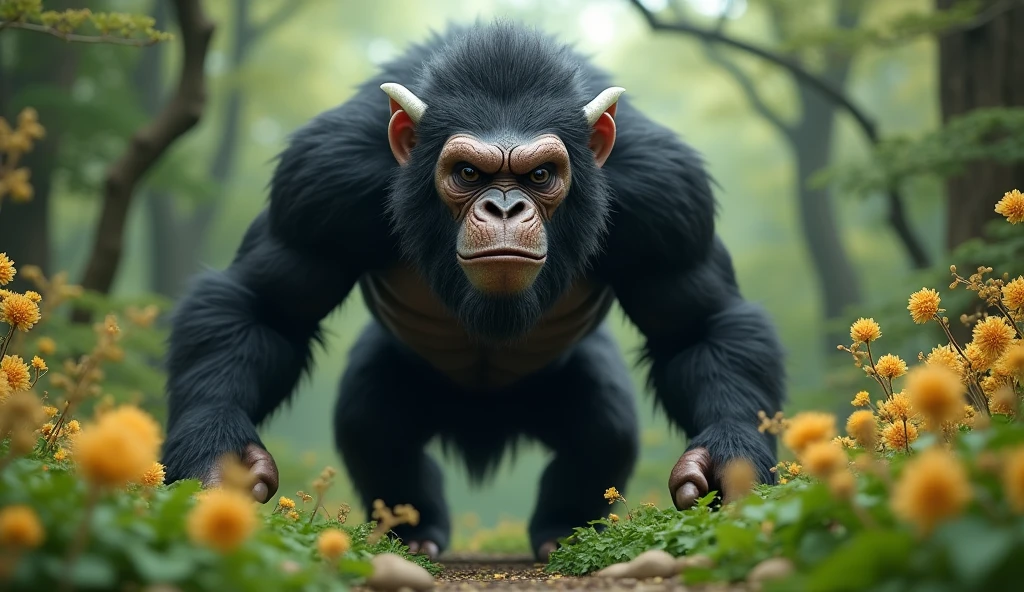 Front view,There is a wild beast in the osmanthus forest,Looks like an ape but has white ears,Walking upright(best quality,4K,8k,High level,masterpiece:1.2),Ultra Detailed,(lifelike,Photo real,Photo real:1.37)