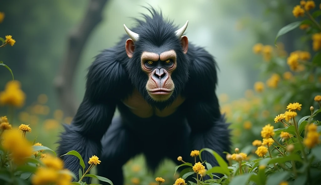 Front view，There is a wild beast in the osmanthus forest，Looks like an ape with white ears，Walking upright（best quality，4K，8k，High level，masterpiece：1.2），Ultra Detailed，（lifelike，Photo real，Photo real：1.37）