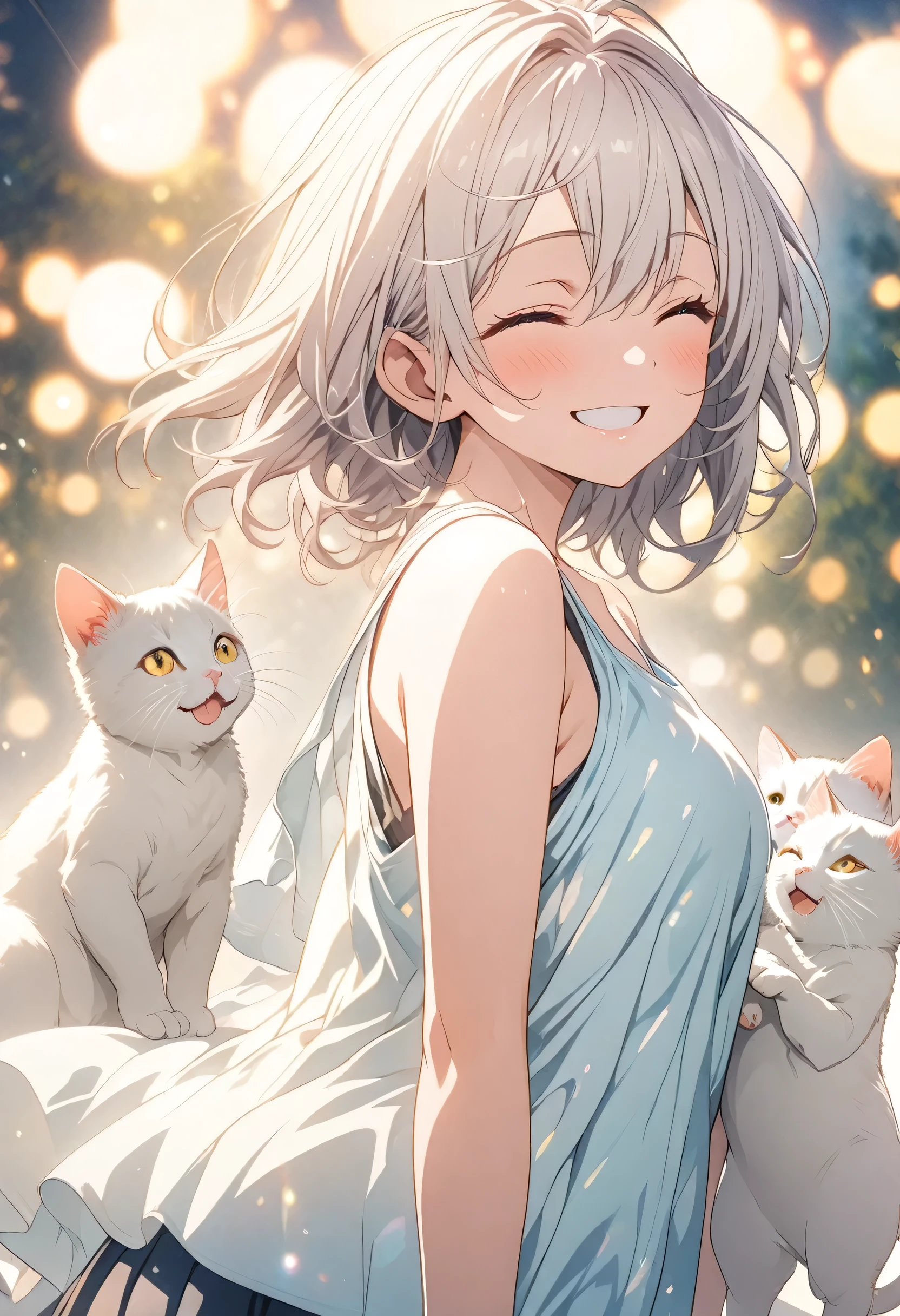 masterpiece, Highest quality, Highly detailed CG Unity 8K wallpapers, High School Girl Anime Illustration. Wear an oversized tank top、Standing in honorポーズをする、she has her eyes closed and mouth open, smile. The background is a light pastel colored landscape...., white hair color, Yellow Eyes, With kittens, Cowboy Shot, Bokeh Photo, (Soft Focus):1.2, Out of focus highlights, Dreamy atmosphere, Glowing circle