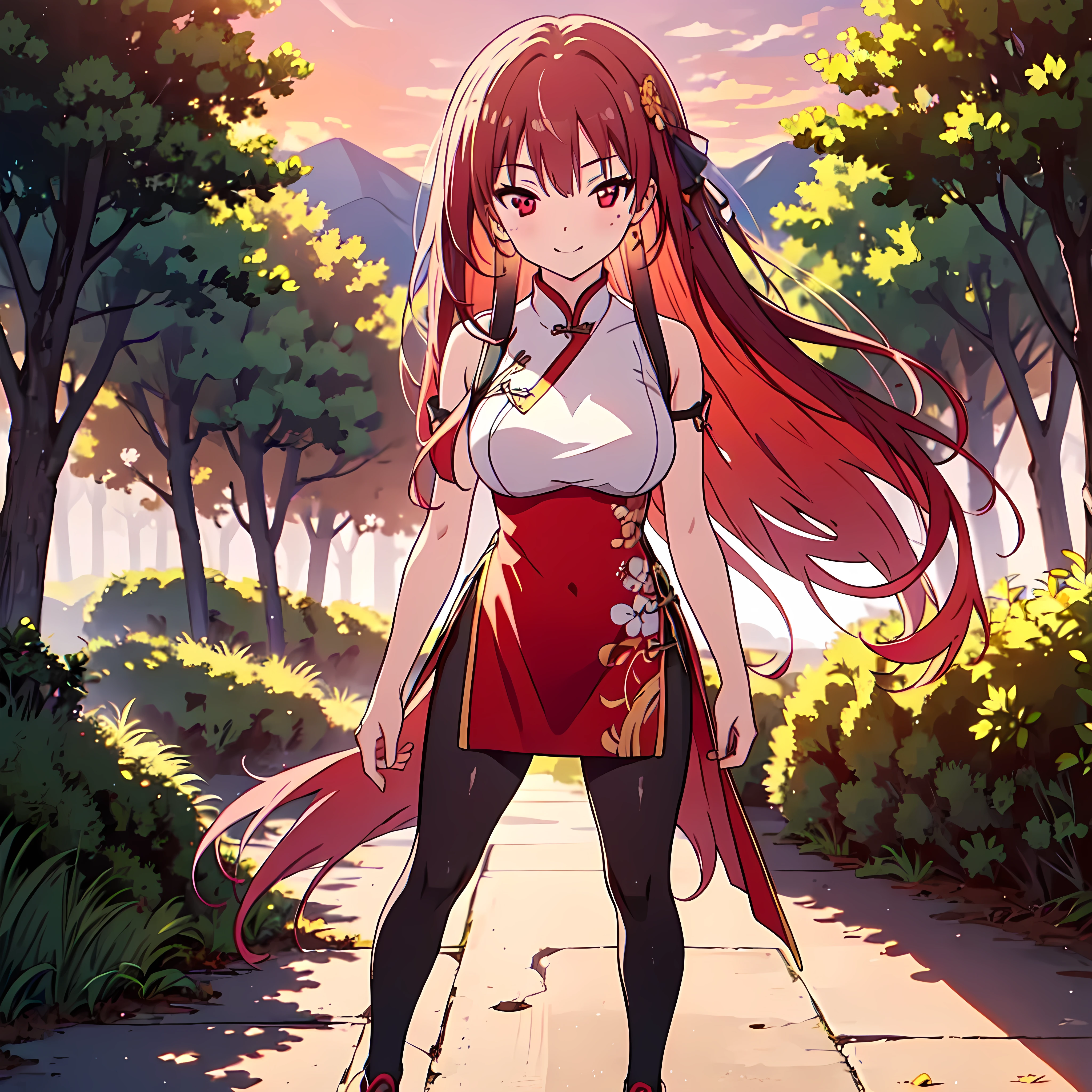 (highest quality:1.2, Very detailed, Latest, Vibrant, Super Detail, Ultra-high resolution, High Contrast, masterpiece:1.2, highest quality, Best aesthetics, there is:0.9), Perfect Anatomy, performance, Good lighting, alone, (1 female), long hair, ((red HAIR with white tips)), (red eyes:1.3), long hair with sidelocks bangs, minimal, 1girl, solo, full body, light tan skin, mole under the mouth, facing the viewer, a mischievous smile, large breasts, large butt, thin waist, {curvy body}, wearing a ((black Qipao with golden linings)), black pantyhose, Dynamic Angle, (beautiful mountainsides), (forest in background), (beautiful dawn sky),