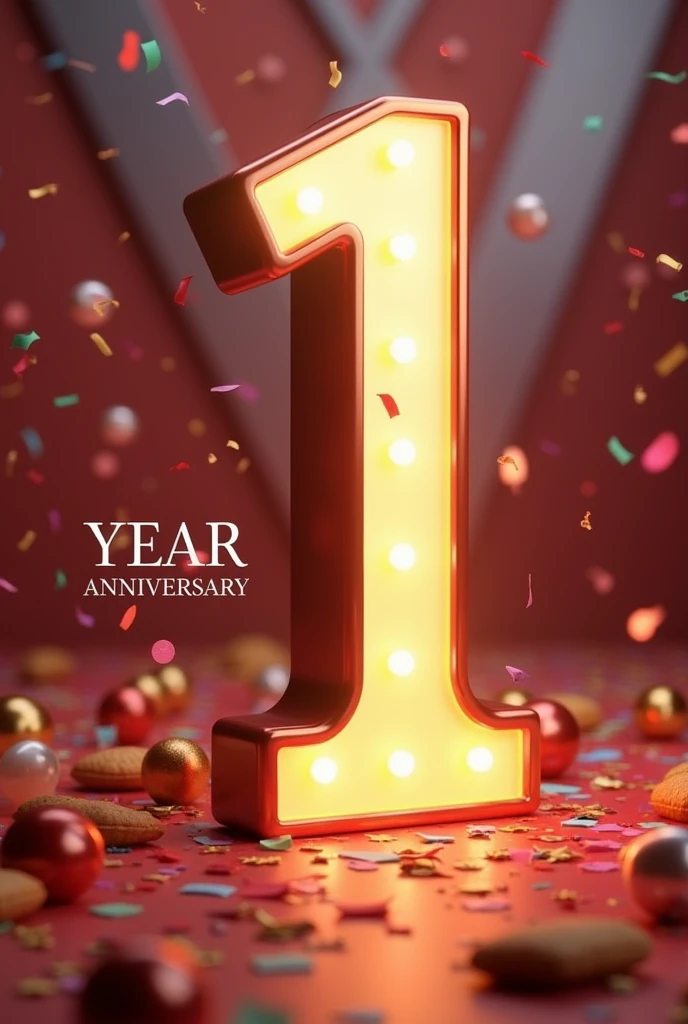 A big number "1",write "Year Anniversary " at the left bottom corner of the number, background celebration theam