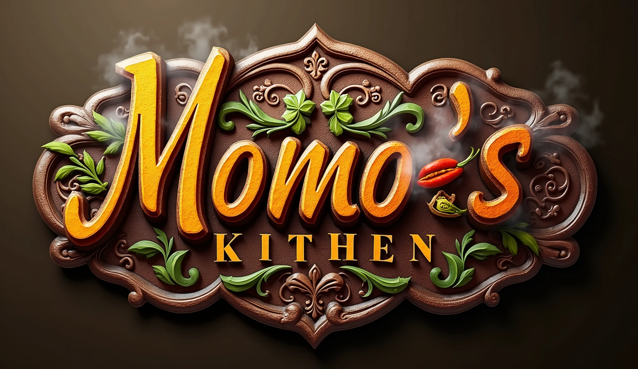 a detailed photorealistic logo of "Momo's Kitchen", pakistani style cuisine, female style, high quality 8k, food-themed, detailed calligraphy styled text, warm color palette, appetizing ingredients, steam or smoke effects, intricate patterns, detailed pakistani ornamental elements, natural textures, dynamic composition