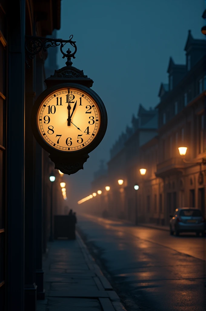Image of a clock showing 10:30 PM with an empty, quiet street.