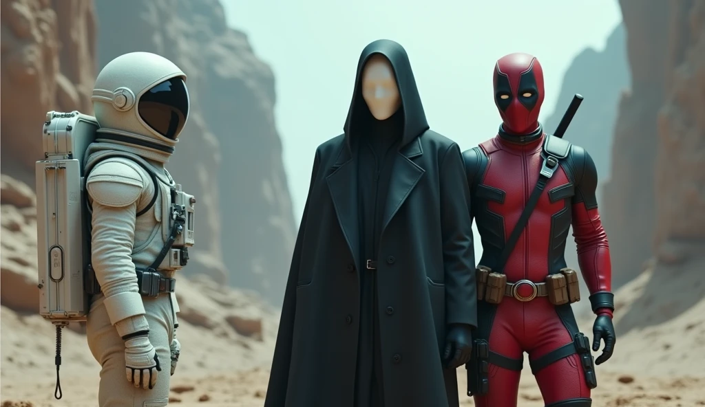 1 space suit guy, 1 guy with no face just a white face with no facial things or eyes wearing black suit, and a guy wearing Deadpool suit