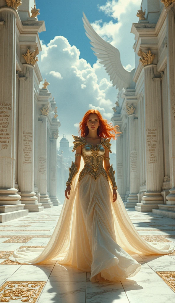 A dazzling princess with orichalcum armor and reddish hair walks in a vast dreamscape with endless religious inscriptions in Latin, in the temple there are giant angels pointing to immense mansions and temples of divine white marble. Boris Vallejo style high fantasy artwork shot with an ARRIFLEX 35 BL camera, Canon K35 Prime lenses, 70mm and imax style film.