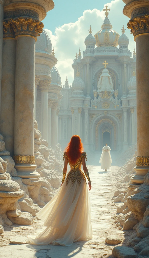 A dazzling princess with orichalcum armor and reddish hair walks in a vast dreamscape with endless religious inscriptions in Latin, in the temple there are giant angels pointing to immense mansions and temples of divine white marble. Boris Vallejo style high fantasy artwork shot with an ARRIFLEX 35 BL camera, Canon K35 Prime lenses, 70mm and imax style film.