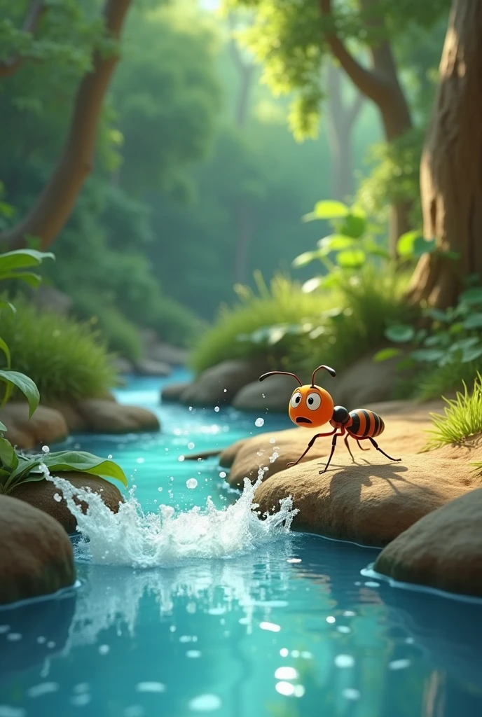 Need animation style.But suddenly the ant, Her foot slipped and she started falling into the river.