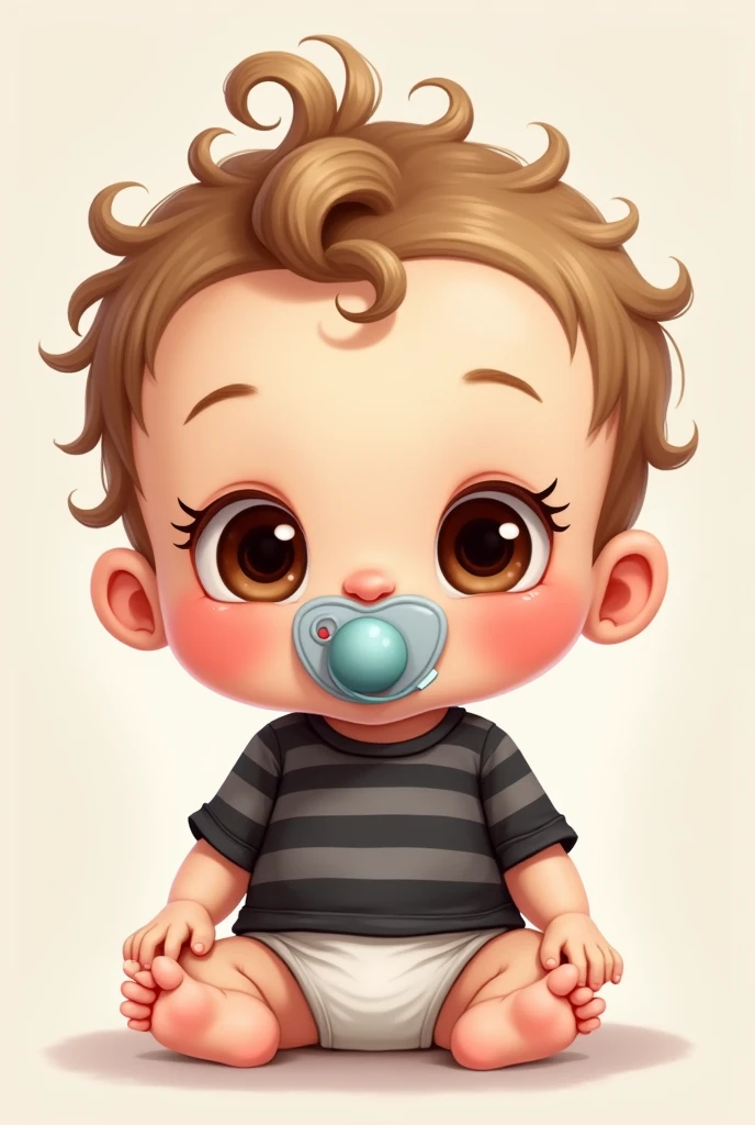 Create illustration of  with tightly curled, light brown hair, dark brown open eyes, big eyelashes,little belly, wearing a black and gray striped shirt and sucking on a pacifier.
