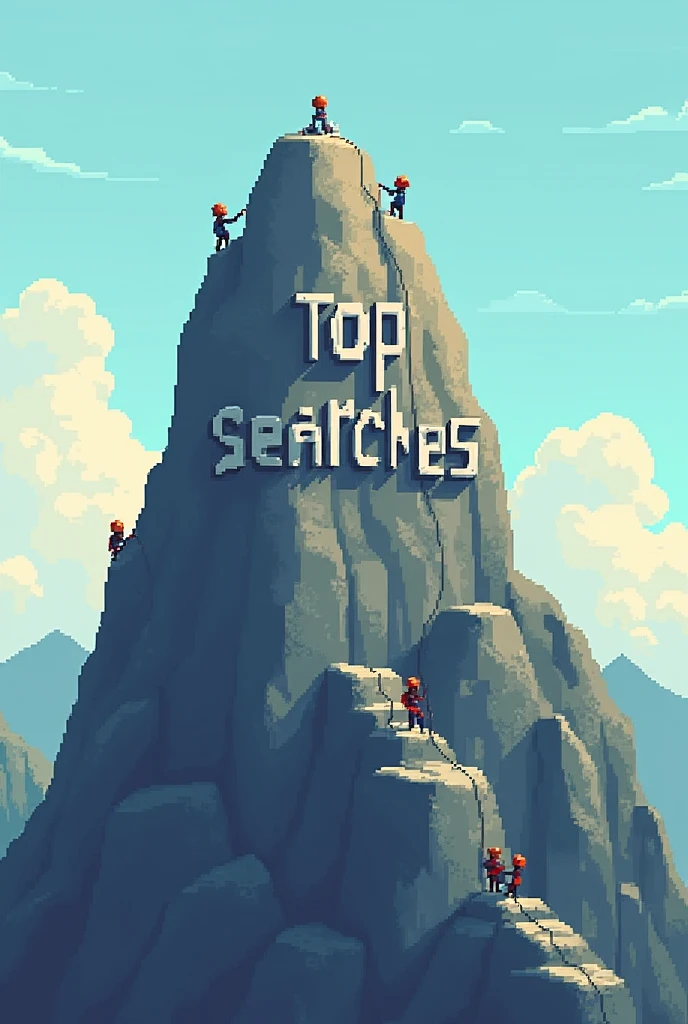 A pixel art style image of a tall, steep mountain, with several people climbing it. People are small and simplified, using climbing equipment such as helmets and ropes. Some are at the base of the mountain, while others are higher up, approaching the top.
On the face of the mountain, is written "Top of Searches" In Portuguese, in large visible letters. The letters are integrated into the mountain terrain, looking like part of the rock, with a slight shadow effect to highlight the text.
The background is a clear sky with some clouds., highlighting the height of the mountain. The lighting is soft, with drop shadows to add depth to the scene. The look should convey the idea of effort and achievement, emphasizing the importance of reaching the top.