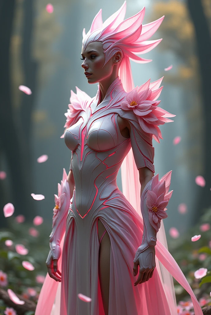 A tall, elegant warrior woman from the Sakurianas species, wearing a unique armor that reflects their abilities and beauty. The armor is lightweight, made of petal-like material that is 100 times stronger than diamond but appears delicate and organic. The armor has a shimmering pink and white color scheme, resembling the natural hues of Sakura petals. The chest plate and shoulder guards are adorned with intricate floral patterns that look like blooming Sakura flowers. The helmet is sleek, with a visor shaped like overlapping petals, and the whole armor has a flexible, almost fluid-like appearance. The armor also has glowing veins of energy running through it, matching the regenerative and powerful nature of the wearer. The background is a mystical forest, with falling Sakura petals around the warrior.