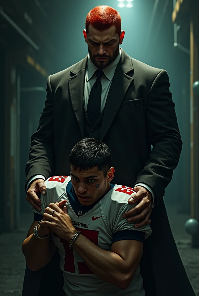 Red-haired Russian mobster holding 1 dark-haired football player captive
