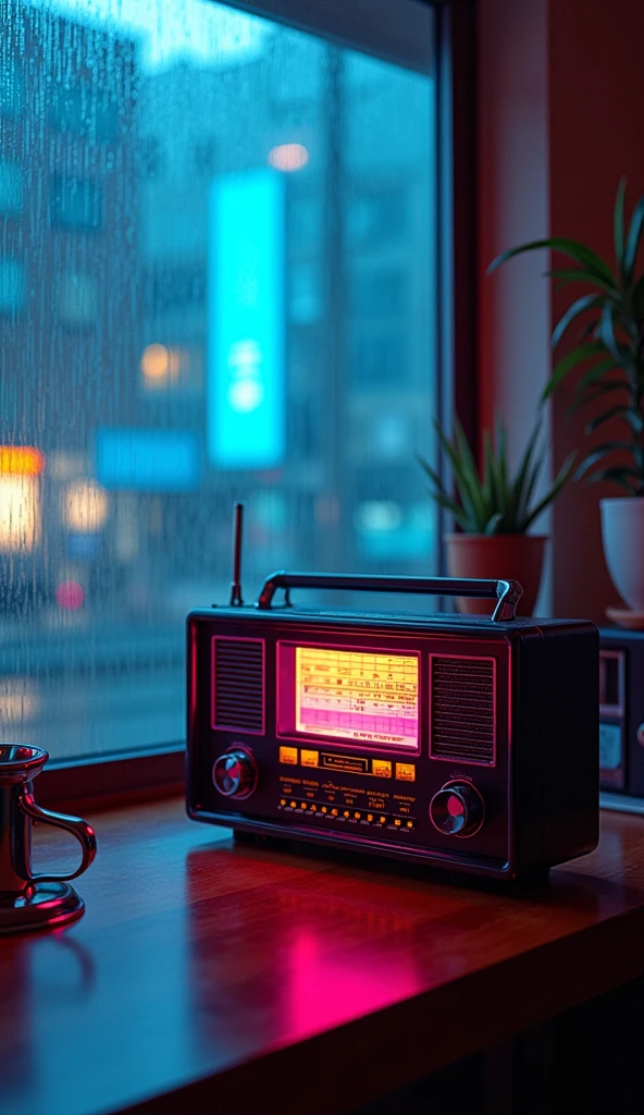 there is a radio sitting on a table in front of a window, synthwave aesthetic, lofi artstyle, lofi hip hop, lofi aesthetic, cyberpunk atmosphere, lofi vibes, synthwave style, synthwave, synthwave art, lofi art, synthwave art style, retrowave atmosphere, 8 0 s anime vibe, chillhop, cyberpunk vibes Vibrant color anime style --ar 4:3 --niji 6(low and side angle view)(with raining effect)