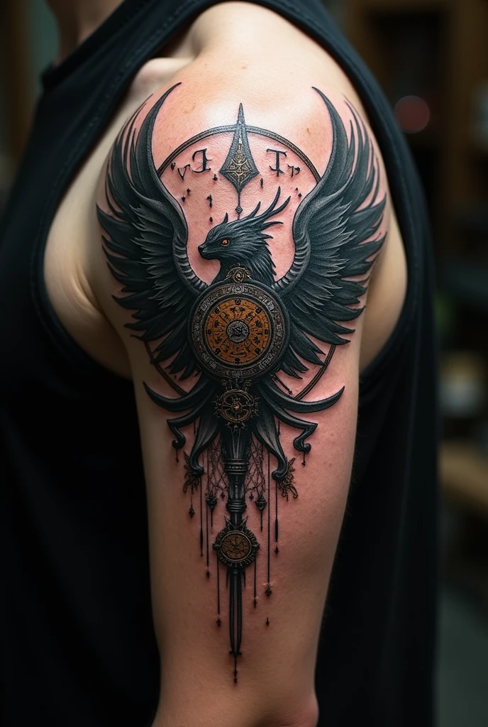 4-Wing tatoo with clocks and rune words for man