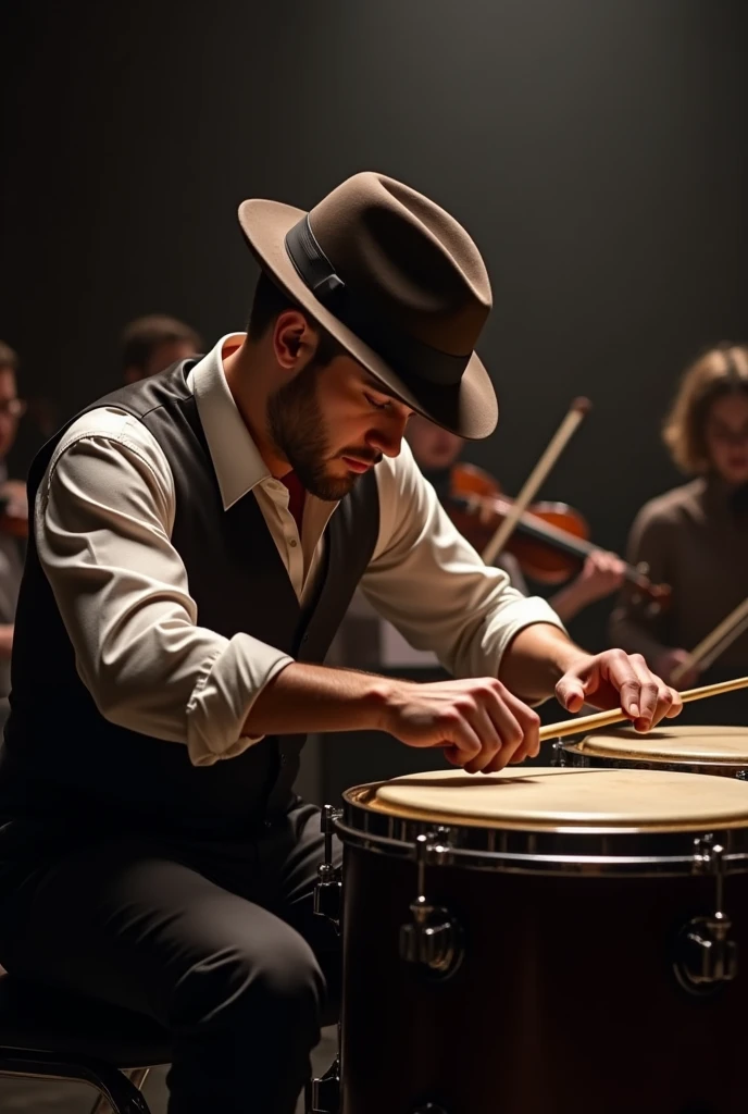 Person with hat playing timpani