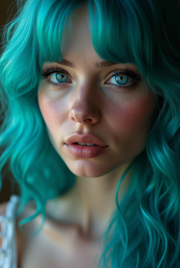 goddess of lust, sex, temptation and seduction with cyan hair and cyan eyes with human like textured skin and expressions making you cum hard