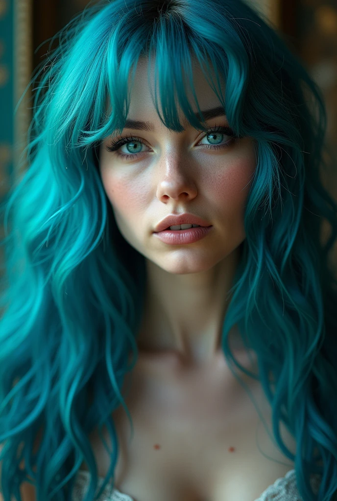 goddess of lust, sex, temptation and seduction with cyan hair and cyan eyes with human like textured skin and expressions making you cum hard