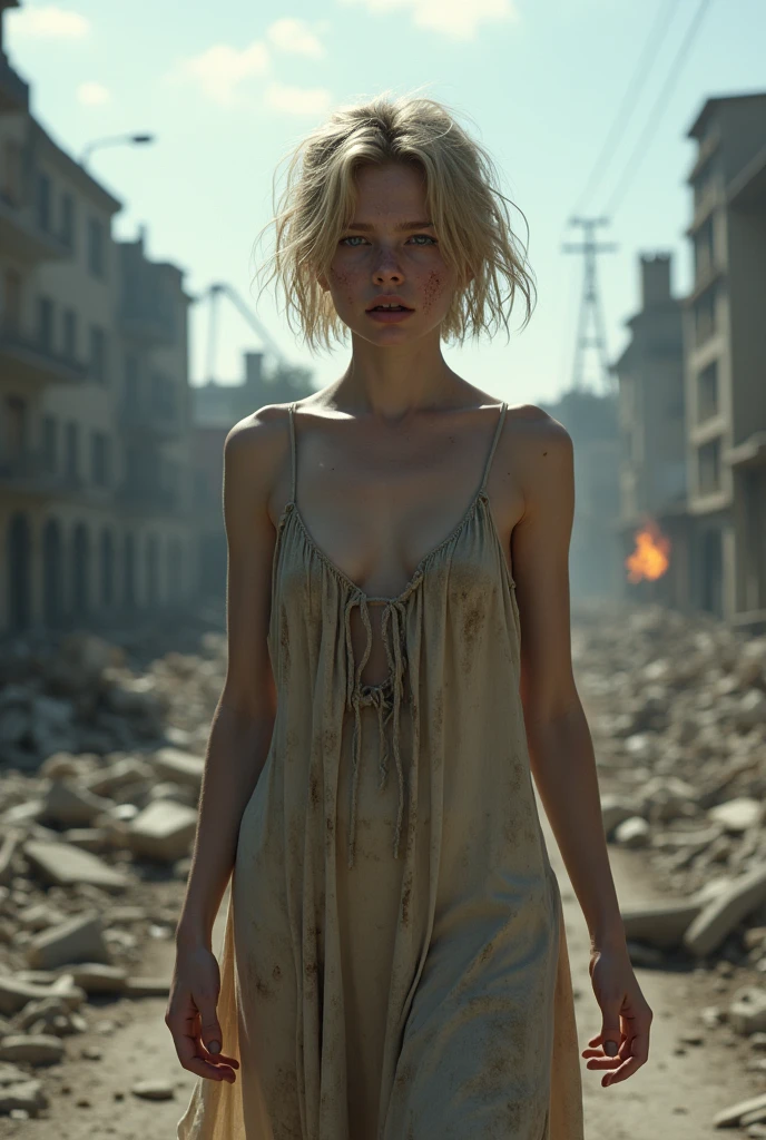 a beautiful 18 yo slavic girl walking covered with dust, athletic slender body, medium size breasts, narrow hips, short messy blonde hair, blue-grey eyes, (wearing a long dirty dress, the dress is dirty, the dress is torn, the dress is damaged, the dress is destroyed), she is in chock after a bombing, (exhausted face, tired look, bruises on the face, bruises on the body, dirt on the face, devastated, in schock, face in despair, frightened face), very pale skin, blonde hair, blue-grey eyes, thin face, medium side cut hair, hair over one eye, (stumbling pose, exhausted pose), in the middle of a ruined Sarajevo street, (fire and smoke in the background, rubbles on the floor), exhausted face, tired look, bruises on the face, dusty face, frightened face, (the sky is clear, natural lighting), ultra high res.photorealistic, UHD, DSLR, exhausted face, suffering look, bruises on the face, dirt on the face, (exhausted face), (she is covered with dust, her dress is torn, crying, in shock, bosnian girl),