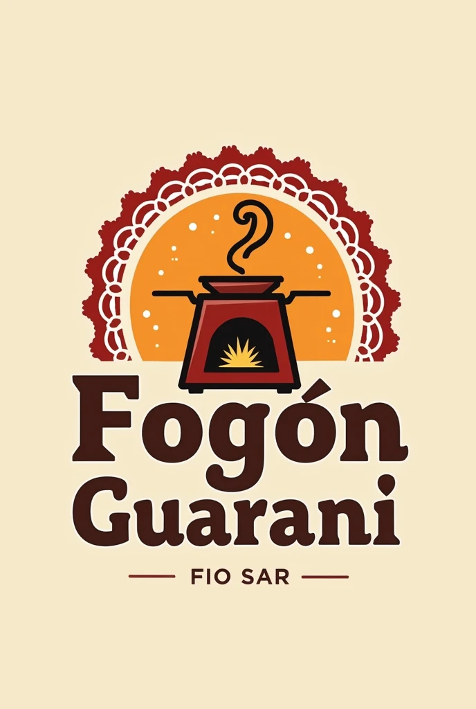 "Design a logo for a food stall named 'Fogón Guaraní' in Paraguay. The stall specializes in traditional Paraguayan minutas and asado. The logo should feature warm, earthy colors like red, orange, and brown, representing fire and cooking. Include simple, clear elements like a traditional cooking stove and a Paraguayan cultural symbol, such as a stylized lace pattern. The text 'Fogón Guaraní' should be large, bold, and easy to read, with a rustic font. Ensure the design is clean, with all elements well-aligned and clearly visible."