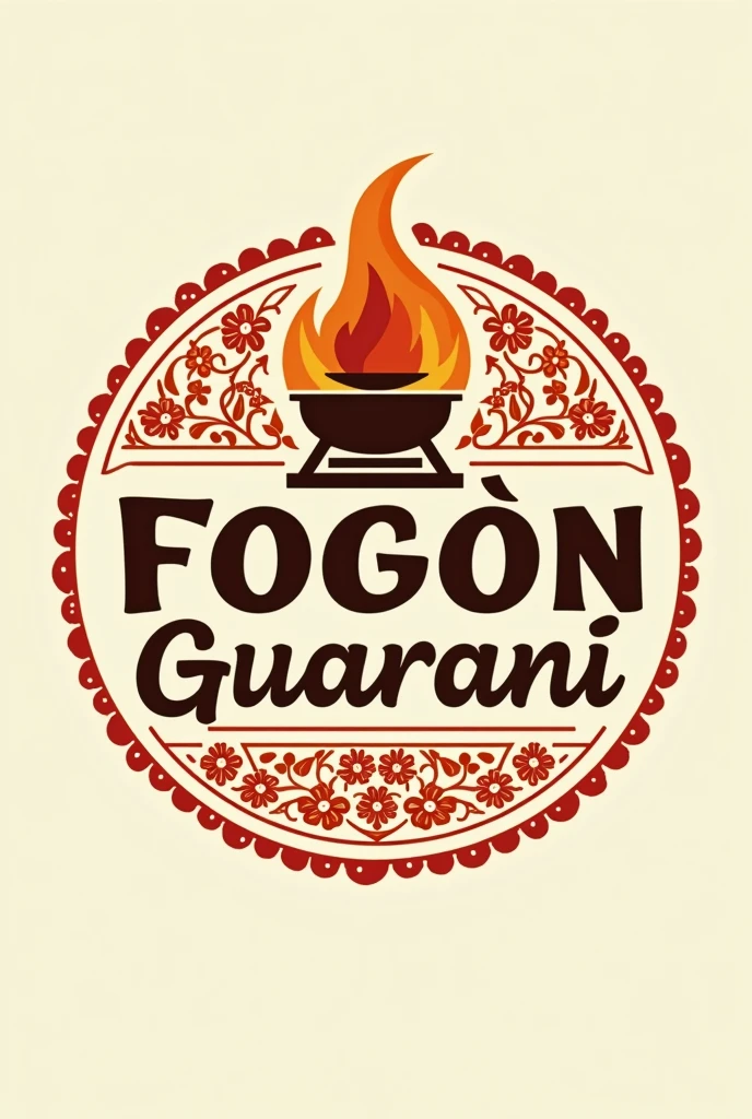"Design a logo for a food stall named 'Fogón Guaraní' in Paraguay. The stall specializes in traditional Paraguayan minutas and asado. The logo should feature warm, earthy colors like red, orange, and brown, representing fire and cooking. Include simple, clear elements like a traditional cooking stove and a Paraguayan cultural symbol, such as a stylized lace pattern. The text 'Fogón Guaraní' should be large, bold, and easy to read, with a rustic font. Ensure the design is clean, with all elements well-aligned and clearly visible."