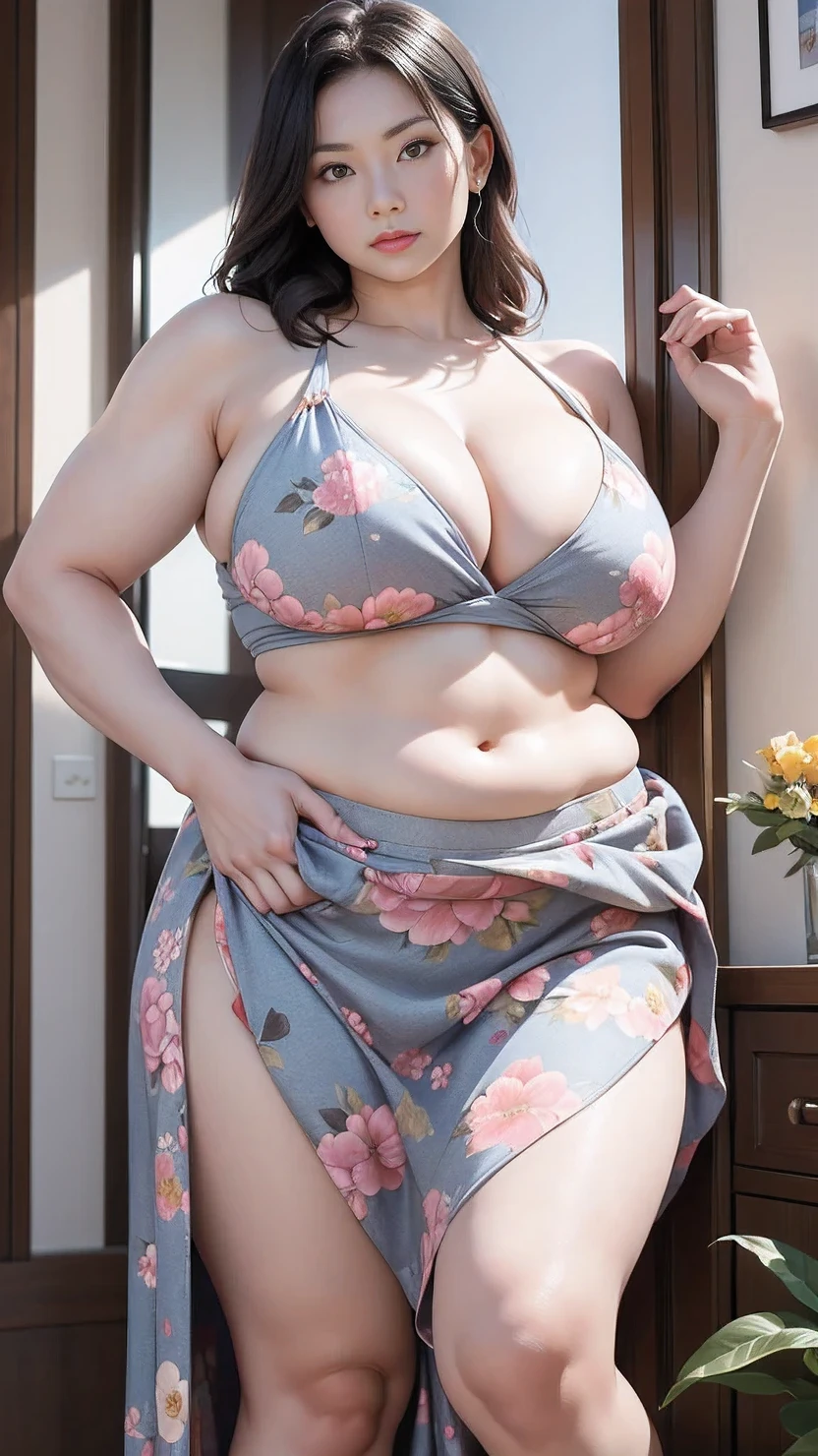 (1 asian Mom), A mom seduces, (strong and naked muscle body，bodybuilder),（a young mom with big breasts，narrow waist，bare shoulders，(long skirt dressed, floral print, naked）, European 40 year old milfs, best quality:1.4), (Ultra-high resolution:1.2), (8K, RAW photos:1.2), Laurena Lexis, (1 Mom), Moms showing off their curves, bend down, Wearing sexy clothes and shorts, Clear eyes, A mother,