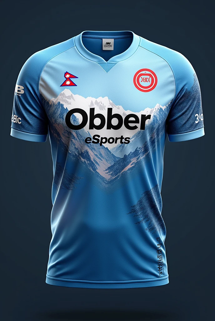 Creat a esports jersey with OE LOGO IN RIGHT TOP .WRITE OBBER ESPORTS IN MIDDLE .make it color like mountain and its matching .color like mountain .donot make mountain in jersey.place pubg mobile logo in left top of jesey.make icy color jersey .write obber esports in middle .OE LOGO IN RIGHT TOP WITH BEST DESIGNE .NEPAL FALG LOGO IN LEFT TOP .