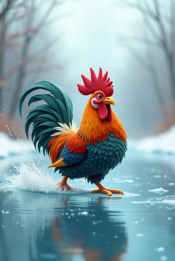 The rooster sliding on the ice