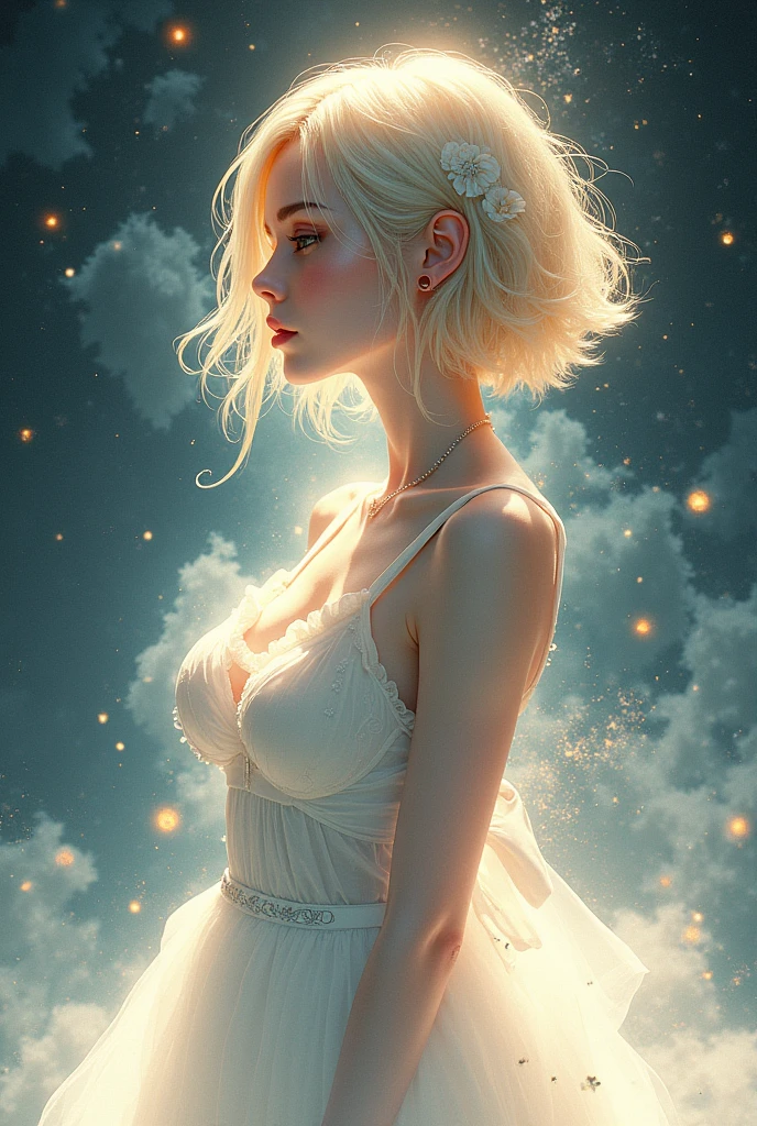 ethereal fantasy concept art, fantasy artwork, intricate artwork, sketch, minimalism, clear lines, (double exposure:1.2), (portrait:1.2), 1girl, short blonde hair, open hair, black strands, (extremely luminous translucent:1.2), (white sleeveless dress, silhouette, large breasts, cleavage), (stars, floral pattern decoration, glowing effect:1.2), magnificent, celestial, ethereal, painterly, epic, majestic, magical, fantasy art, cover art, dreamy, elegant