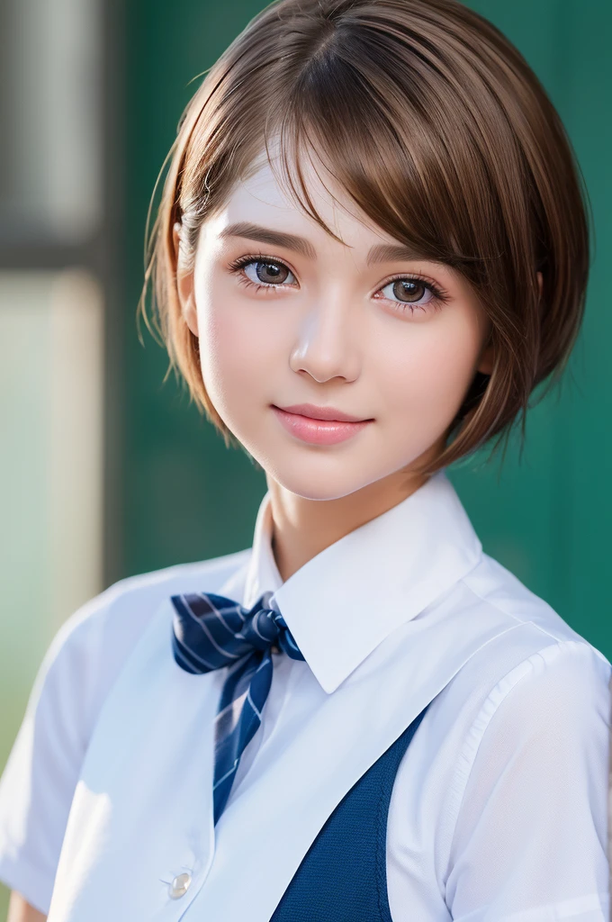 (A portrait of a young girl in school uniform:1.5), with a bright expression, glowing white skin, glossy face, shimmering cheek gloss, small face,(best looks:1.5),very beautiful glossy hair, (ultra short hair:2.0),(shiny brown hair:1.5),shimmering clear alluring bright large pale blue eyes,downturned eyes,eyeliner,(a very beautiful lovely cute girl,charming smile,perfect bust:1.25),masterpiece,photorealistic, 8k, high quality, masterpiece,realistic portrait,high resolution fix