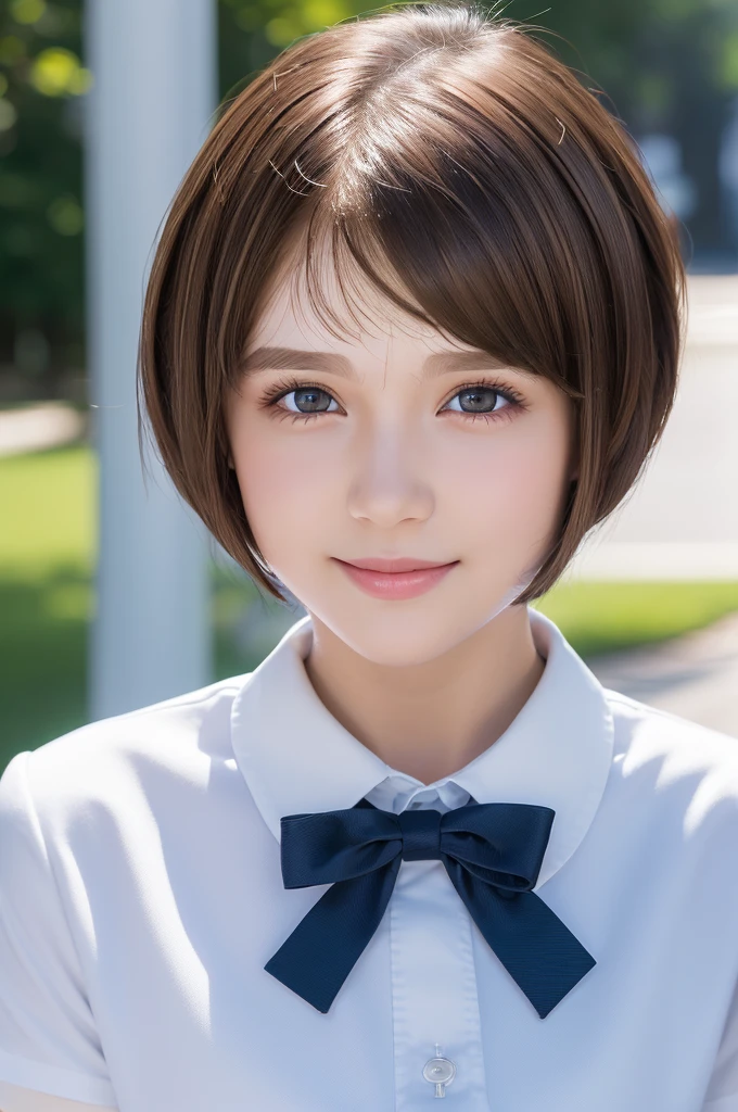 (A portrait of a young girl in school uniform:1.5), with a bright expression, glowing white skin, glossy face, shimmering cheek gloss, small face,(best looks:1.5),very beautiful glossy hair, (ultra short hair:2.0),(shiny brown hair:1.5),shimmering clear alluring bright large pale blue eyes,downturned eyes,eyeliner,(a very beautiful lovely cute girl,charming smile,perfect bust:1.25),masterpiece,photorealistic, 8k, high quality, masterpiece,realistic portrait,high resolution fix