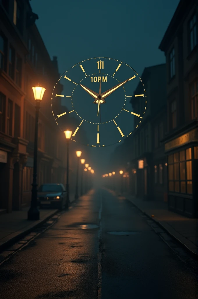 Image of a clock showing 10:30 PM with an empty, quiet street.