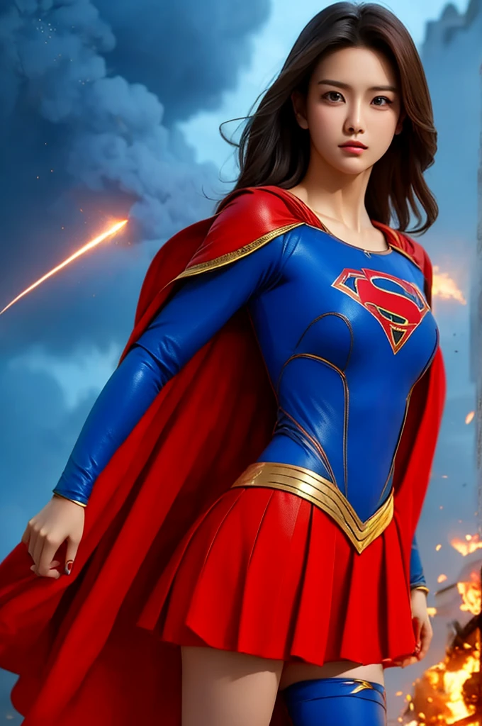 high cinematic quality, fotografia profiSSional, cena de fantaSia, Supergirl Stopping a miSSile, Supergirl uSa terno preto e dourado, terno Sexy,with a floating layer and a "S" On the chest. Totally Sexy in SenSual dynamic poSe, FantaSia Sexy Supergirl .