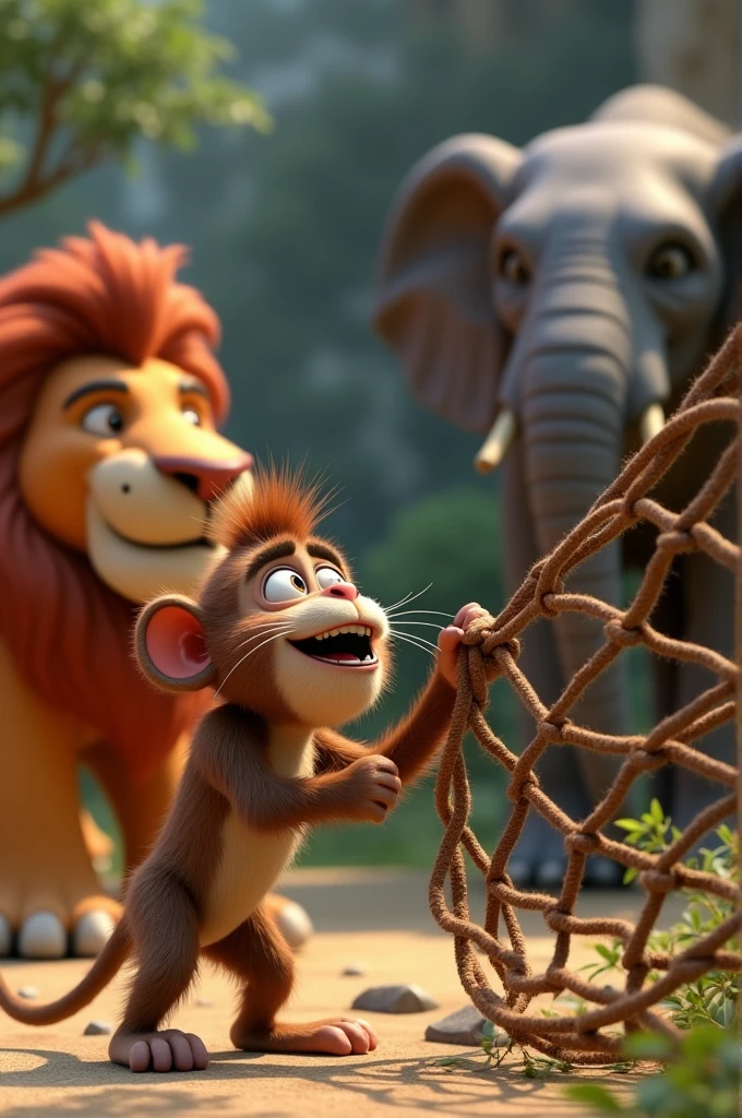 In 3D Animation style "Monkey's Cleverness"**
Focus on the monkey using its sharp teeth to carefully bite through the ropes of the net. The lion watches with hope, while the elephant stands nearby, unable to help further. The scene shows the monkey's quick thinking and delicate action.