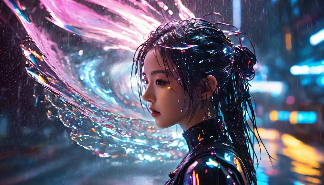 1 girl,beautiful,cyberpunk style,Bling Bling Bling Bling,motion blur,water drop,Cinematic lighting effects