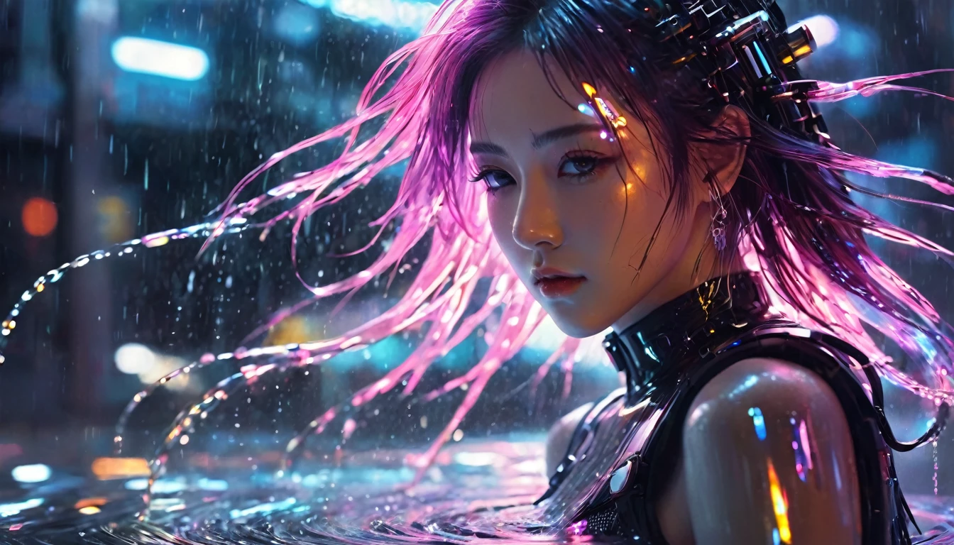 1 girl,beautiful,cyberpunk style,Bling Bling Bling Bling,motion blur,water drop,Cinematic lighting effects